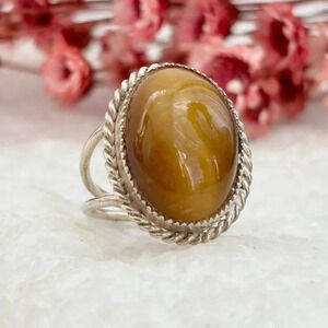 Honey Gold Natural Stone Rope Sterling Silver Unisex Cabochon Ring - sz 5.25